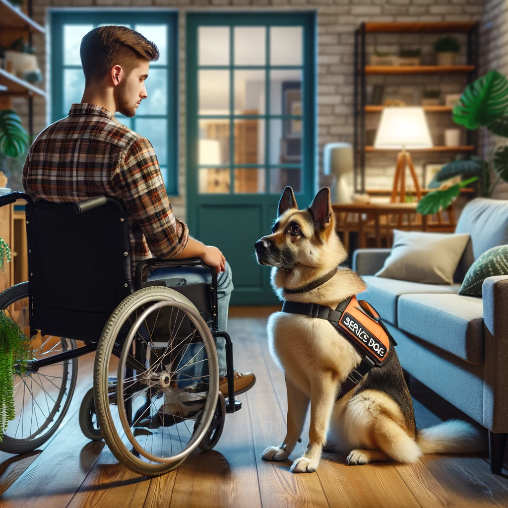 Photo of disabled man in apartment with trained service dog