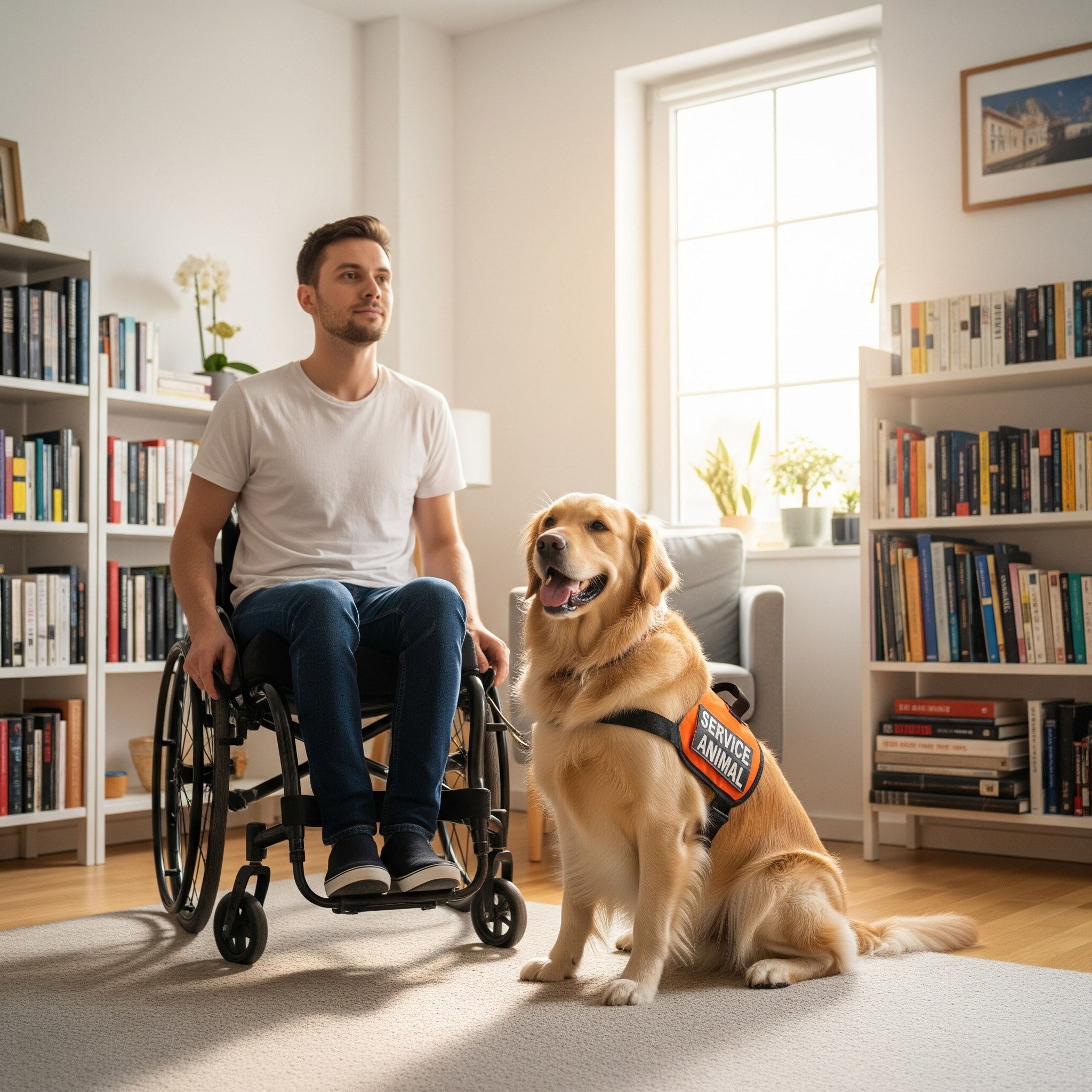 Photo of disabled man in apartment with trained service dog